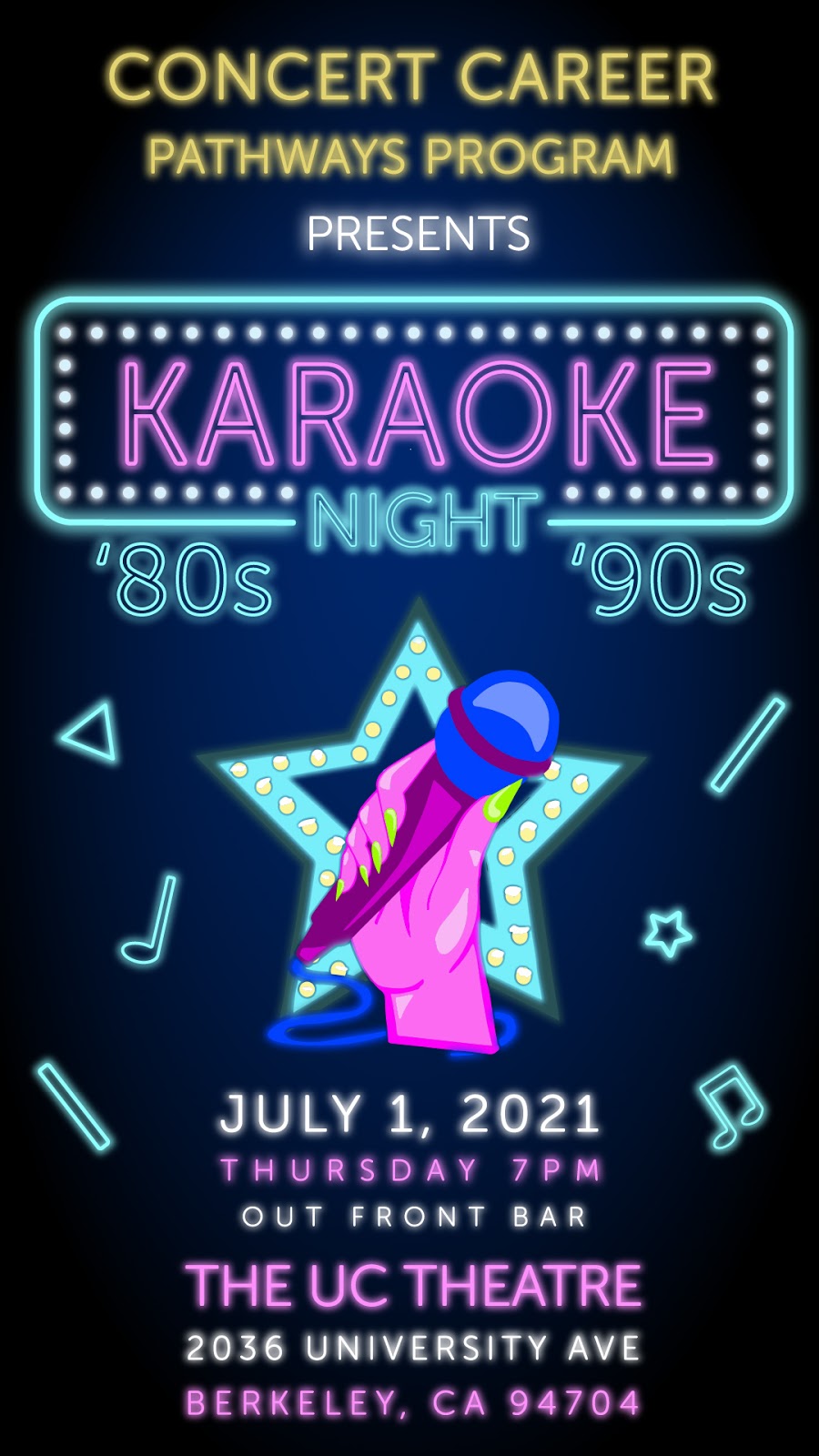 Concert Career Pathways presents: 80's/90's Karaoke Night Out Front Bar Image for Concert Career Pathways presents: 80's/90's Karaoke Night Out Front Bar on 2021-07-01